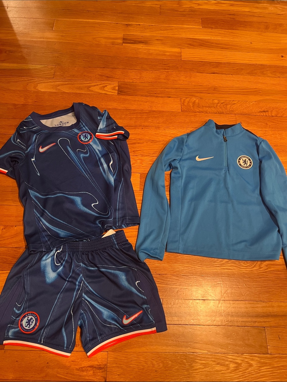 Nike Chelsea Kids' Navy Blue tee & Light Blue Soccer Shorts and long sleeve 3pcs